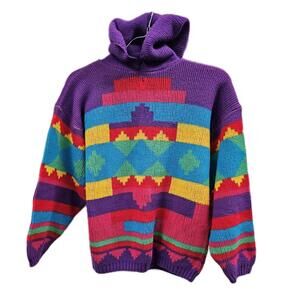 J.J. Poole Knit Hoodie USA Aztec Colorblock Pullover Rainbow Sweater Kidcore 90s